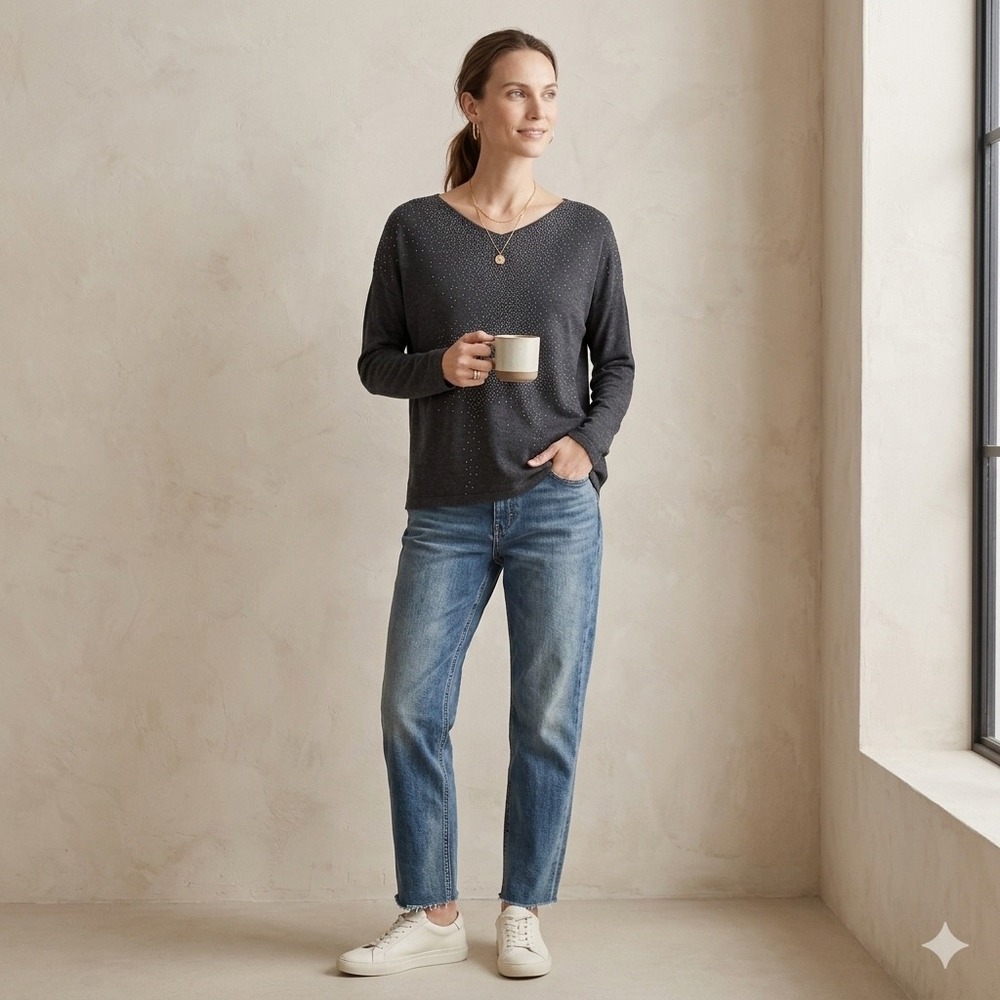 Eileen Fisher Beaded Top PM Charcoal Grey Italian Yarn Quiet Luxury Bead Elegant